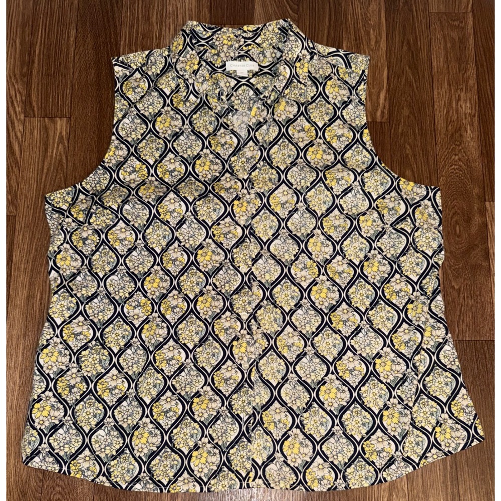 Charter Club Sleeveless Button Down Blouse 14P Petite‎ Floral Navy Yellow White
